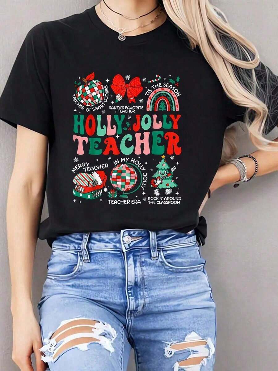 2026 Nuevos productos de gran : camiseta de mujer con cuello redondo, 100% algodón, camiseta negra Holly N Jolly Teacher Christmas Coquette Bow Retro Xmas Pjs T-Shirt. Es versátil y práctica, emana un temperamento natural y elegante, lo que la convierte en un artículo imprescindible para las fiestas de verano. - Negro - Ver 1