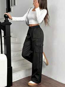 ALO FASHION Women's Casual Wide-Leg Cargo Pants, Long Black Stretchy Loose-Fitting Pants With Multiple Pockets, Perfect For A Comfortable Bohemian Chic Style. - 黑色 - 查看 5