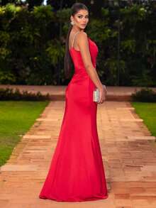 Elegant Long Dress For Bridesmaids, Parties, Graduations, Weddings, With Slit, Straps, Glitter, Trilobal Mesh, Sexy, Asymmetrical, For Parties Or Dates. - 紅色 - 查看 3
