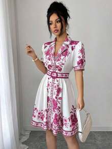 Conjunto de vestido corto de manga corta con cintura ceñida y estampado floral azul y blanco, elegante y romántico para vacaciones, primavera/verano - Multicolor 2 - Ver 6