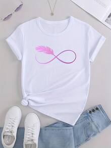Camiseta casual holgada de manga corta para verano con estampado de simbolo de infinito rosa degradado - [Blanco] - Ver 6