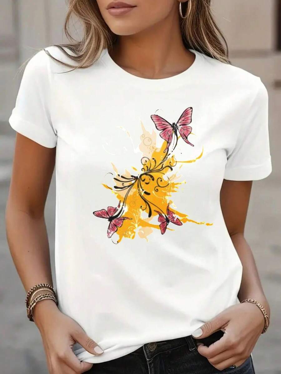 Camiseta de mujer% blanca con cintura ajustada, con estampados de mariposas y flores multicolor - camiseta casual de manga corta y cuello redondo, lavable aáquina, estilo cómodo adecuado para todas las estaciones - colores brillantes, corte holgado, no voluminosa - Camiseta unisex de algodón holgada de manga corta y cuello redondo estilo vintage urbano. - Blanco - Ver 1