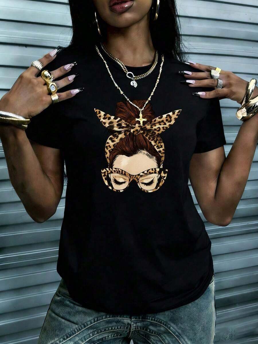 Mexican Basic Women's Summer Loose Fit Crew Neck Short Sleeve T-Shirt With Simple Slogan Print, Casual Vacation Style. Fashionable Blouse Suitable For Everyday Wear And Vacations. New Release - 黑色 - 查看 1