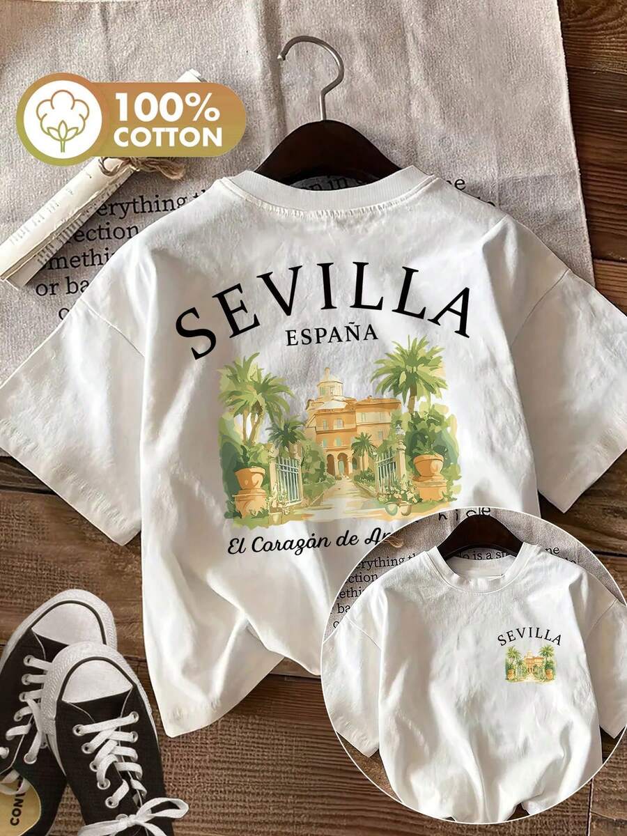 [Double-Sided Printing] Women's Pure Cotton T-Shirt, Illustrative Style, Architecture Print, Palm Tree, Seville, Spain, Casual, Round Neck, Short Sleeve, Summer Top, 100% Cotton. - 白色 - 查看 1
