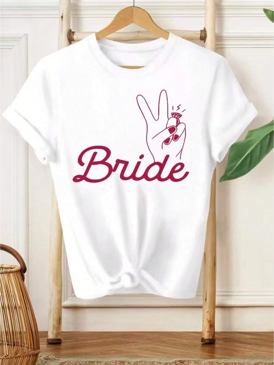 Camiseta de Cuello Redondo y Manga Corta con Letras de Novia - Ropa de Boda para Invitados, Novio y Novia, Cómoda y Casual para Damas de Honor, Lavable a Máquina - Top - Blanco - Ver 1