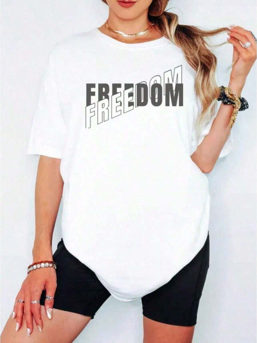 America T-Shirt | Patriotic Freedom Of Speech T-Shirt, Casual Loose Fit, Round Neck, Short Sleeves, Geometric Pattern, Slightly Stretchy Fabric, Suitable For Spring/Summer/Autumn - Vintage Street Style, Unisex Cotton Loose Short-Sleeve Round Neck T-Shirt, Blouses For Women. Casual Blouses For Ladies. - 白色 - 查看 1