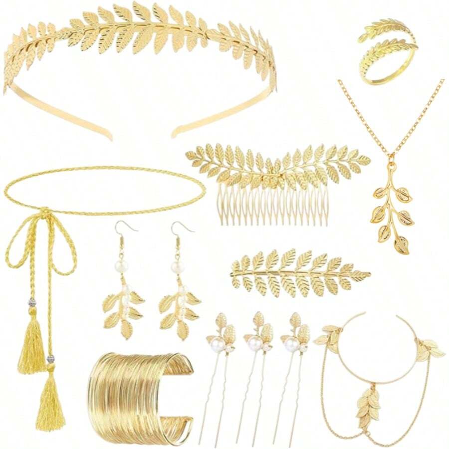 1/12pcs Ensemble d'accessoires de costume de déesse grecque pour femmes, ensemble d'accessoires de déesse grecque dorés, bandeau de feuilles, bracelet en spirale, boucles d'oreilles pendantes en feuilles, peigne à cheveux de mariage, convient pour les costumes de fête de toge - Multicolore - Voir 1