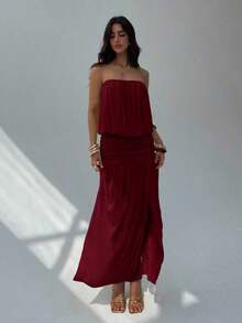 2026 Vestido sin tirantes y sin espalda de color albaricoque para mujer, vestido largo de diseño minimalista con pliegues, vestido fluido, vestido transparente para mujer para primavera y verano, vestido de playa, atuendos de vacaciones en la playa, vestidos de verano amarillo mantequilla para mujeres - Burdeos - Ver 6