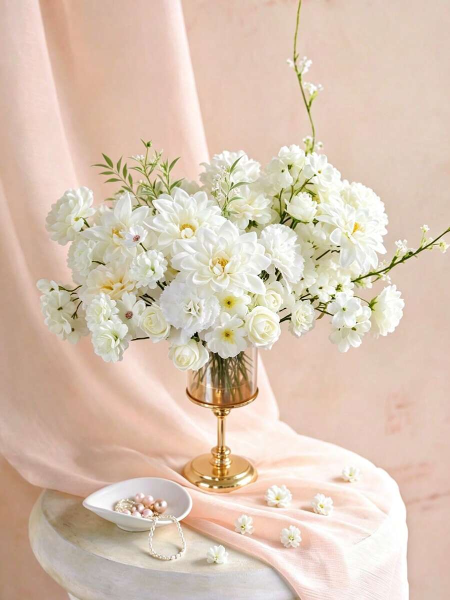 MEHELANY 48件組白色玫瑰人造花套裝,適合DIY,含24支仿真玫瑰、繡球花、牡丹花莖,適用派對居家裝飾、婚禮新娘花束、嬰兒洗禮、花藝裝飾、波希米亞風DIY蛋糕花卉桌面裝飾 - 彩色 - 查看 1