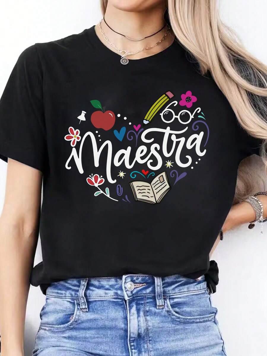 Camiseta Deportiva de Algodón para Mujer, Diseño Simple y Versátil con Estampado de Letras, Cuello Redondo, Manga Corta, Primavera/Verano - Negro - Ver 1