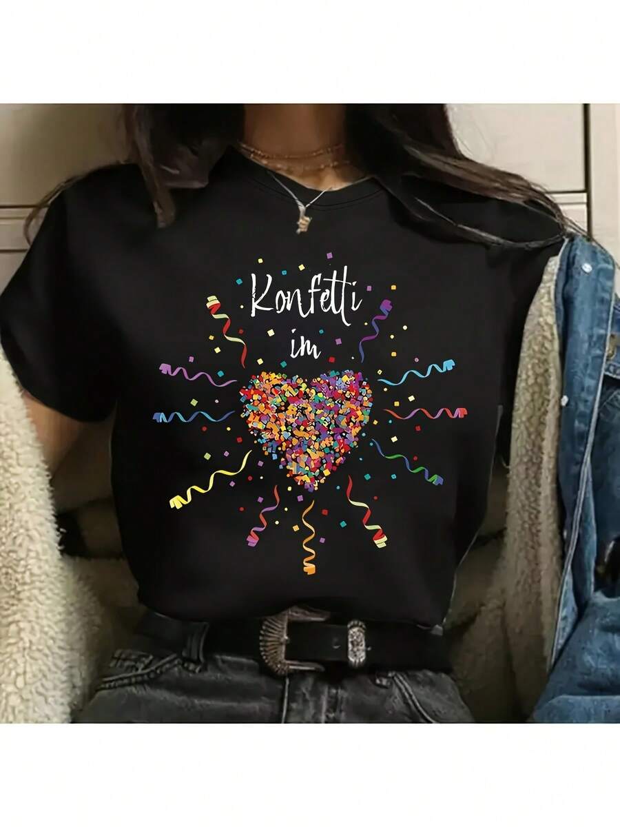Camiseta de mujer casual de manga corta y cuello redondo, adornada con confeti colorido y patrones de corazones - Diseño de fiesta vibrante - Material suave adecuado para atuendo casual, carnaval o conjuntos diarios - Negro - Ver 1