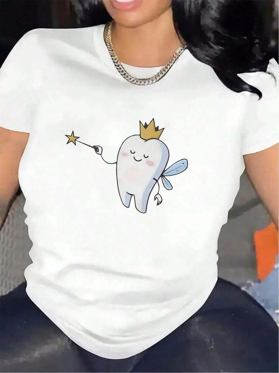 Women's Cotton T-Shirts, Short-Sleeved T-Shirt With Tooth Fairy Design, Made Of Polyester Fiber, Lightweight And Durable, Perfect For Casual Wear At Home Or In A Restaurant, With Background Graphic, Comfortable Fit For Everyday Wear. - 白色 - 查看 1