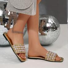 1 Pair Plus Size Elegant Ivory Metallic Cross Beaded Pearl Slippers, Comfortable Versatile Outdoor/Indoor Flat Sandals With Rhinestones And Pearls, Suitable For Daily Wear, Party, Beach, 41-43 - Gold - View 3