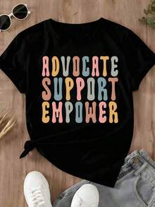 Camiseta Casual para Mujer con Estampado de Texto Colorido que Promueve el Apoyo y el Empoderamiento, Ideal para Uso Diario y Eventos de Activismo - Negro - Ver 2
