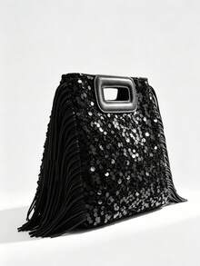 1 Women's Sequin Tassel Crossbody Bag, With PVC And Polyester Lining, Small Square Tote Bag With Handle Cutout, Available In Several Colors, For Parties And Evening Events - Black - View 6