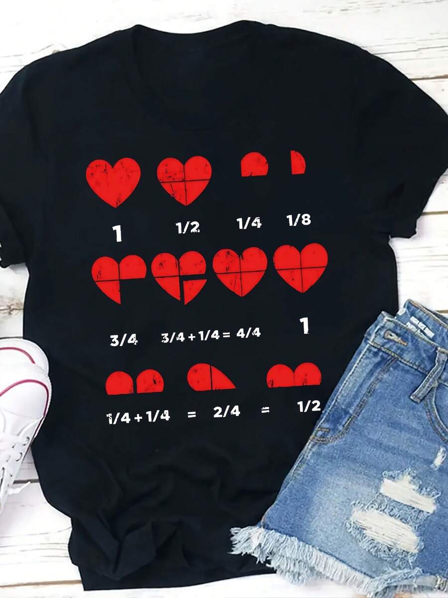 1 camiseta de enseñanza de matemáticas para mujeres con estampado de corazón y fracciones, cuello redondo casual, regalo perfecto para educadores, comodidad para todas las estaciones, ropa educativa | Diseño educativo divertido | Ajuste cómodo, camiseta de profesor de matemáticas