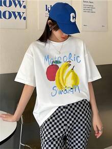 Women's Y2K Graphic T-Shirt - Meteor Shower Print, Bananas And Apples, Short Sleeve Summer Casual T-Shirt, Colorful White Lettering, Loose Fit Crew Neck, Casual Wear, Y2K Style Top, Comfortable Fit, Banana Print T-Shirt, Women's T-Shirts - 白色 - 查看 6