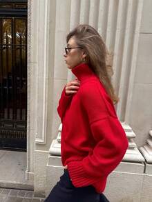 Dirp Noir Women's Autumn French Style Red Loose High Neck Chunky Knit Sweater, Suitable For Commuting, Christmas, Back To School, Halloween - Red - View 5