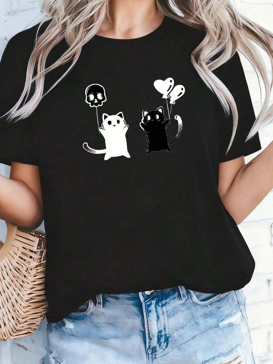1 Piece Women's Graphic T-Shirt Tini Time Vodka Espresso Martini 100% Black, Relaxed Fit, Short Sleeve, Round Neck, With Colorful Cocktail Letters And Martini Design, Breathable Summer Casual T-Shirt, 180g 100% Cotton. - 黑色 2 - 查看 1
