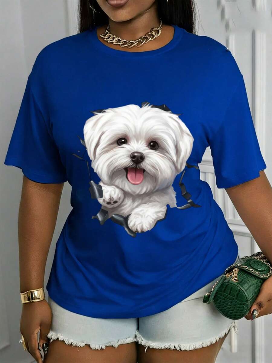 Short-Sleeved T-Shirt With A Puppy Print, Medium Stretch, Machine Washable, A Must-Have For All Seasons, Women's T-Shirt, Comfortable For Everyday Wear, Loose Fit, Stretchy Fabric, Modern And Versatile. 0M0W - 藍色 - 查看 1