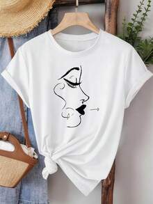 Limited Time Offer, Limited Quantities, Flash ! Women's Casual Shirts, Women's Polyester T-Shirts, Stylish Shirts. Kawaii Women's T-Shirts With Aesthetic Print, Abstract Artistic Face Design, Durable Print, Sweet Summer Casual T-Shirt - 白色 - 查看 7