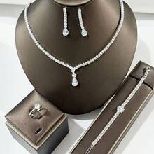 5pcs Luxury Rhinestone Inlaid Water Drop Necklace, Earrings, Bracelet, Ring Jewelry Set, Suitable For Wedding, Party, Daily Commute, Elegant And Fashionable High-End Versatile Accessories - Silver - View 5