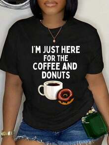 100% Algodón, Solo Estoy Aquí Por El Café Y Los Donuts, Camiseta Divertida Con Humor De Donuts, Camiseta Suave Y Transpirable Para Hombre Y Mujer, Estilo Clásico De Moda Para El Verano - Negro - Ver 1