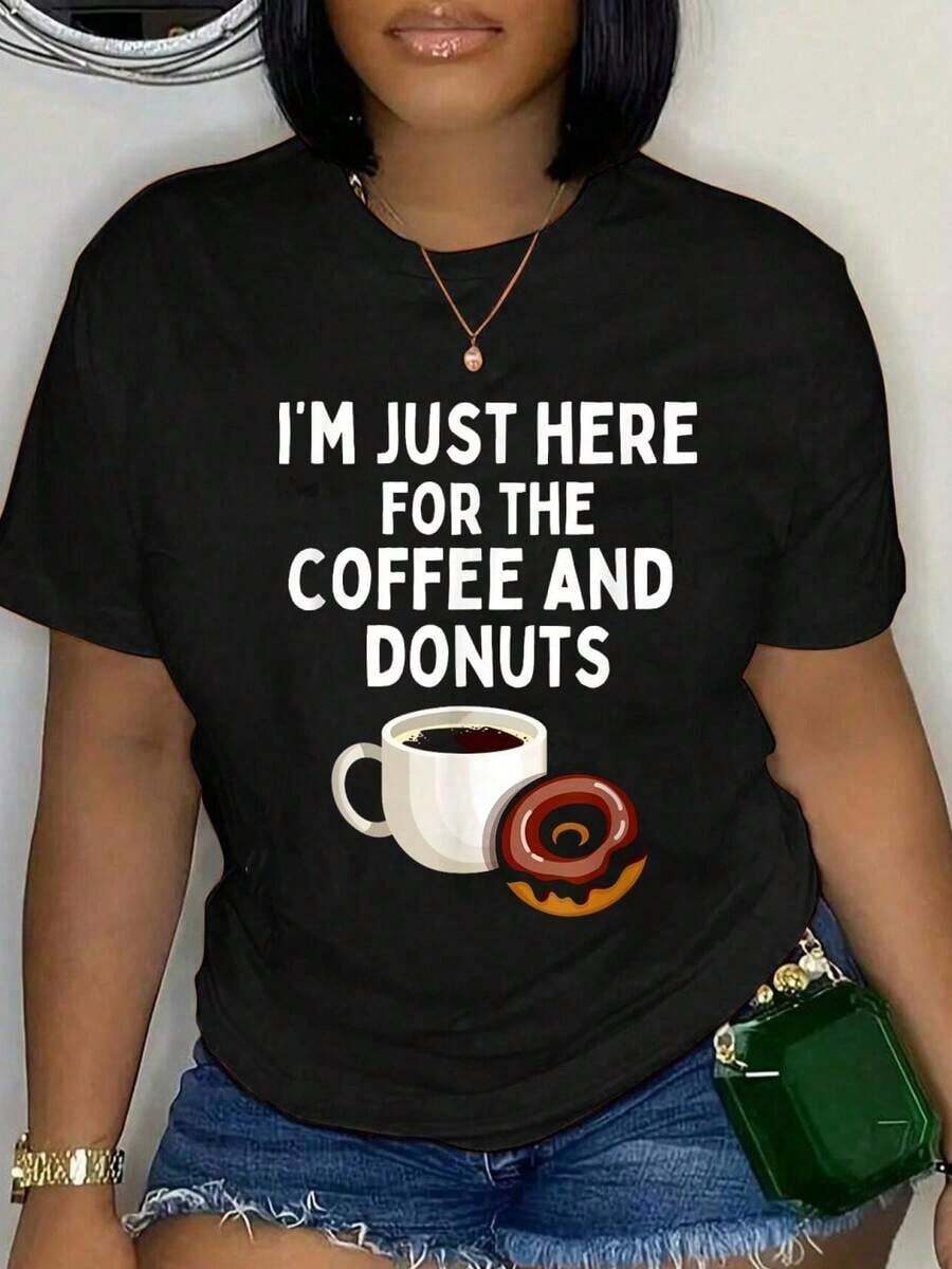 100% Algodón, Solo Estoy Aquí Por El Café Y Los Donuts, Camiseta Divertida Con Humor De Donuts, Camiseta Suave Y Transpirable Para Hombre Y Mujer, Estilo Clásico De Moda Para El Verano - Negro - Ver 1