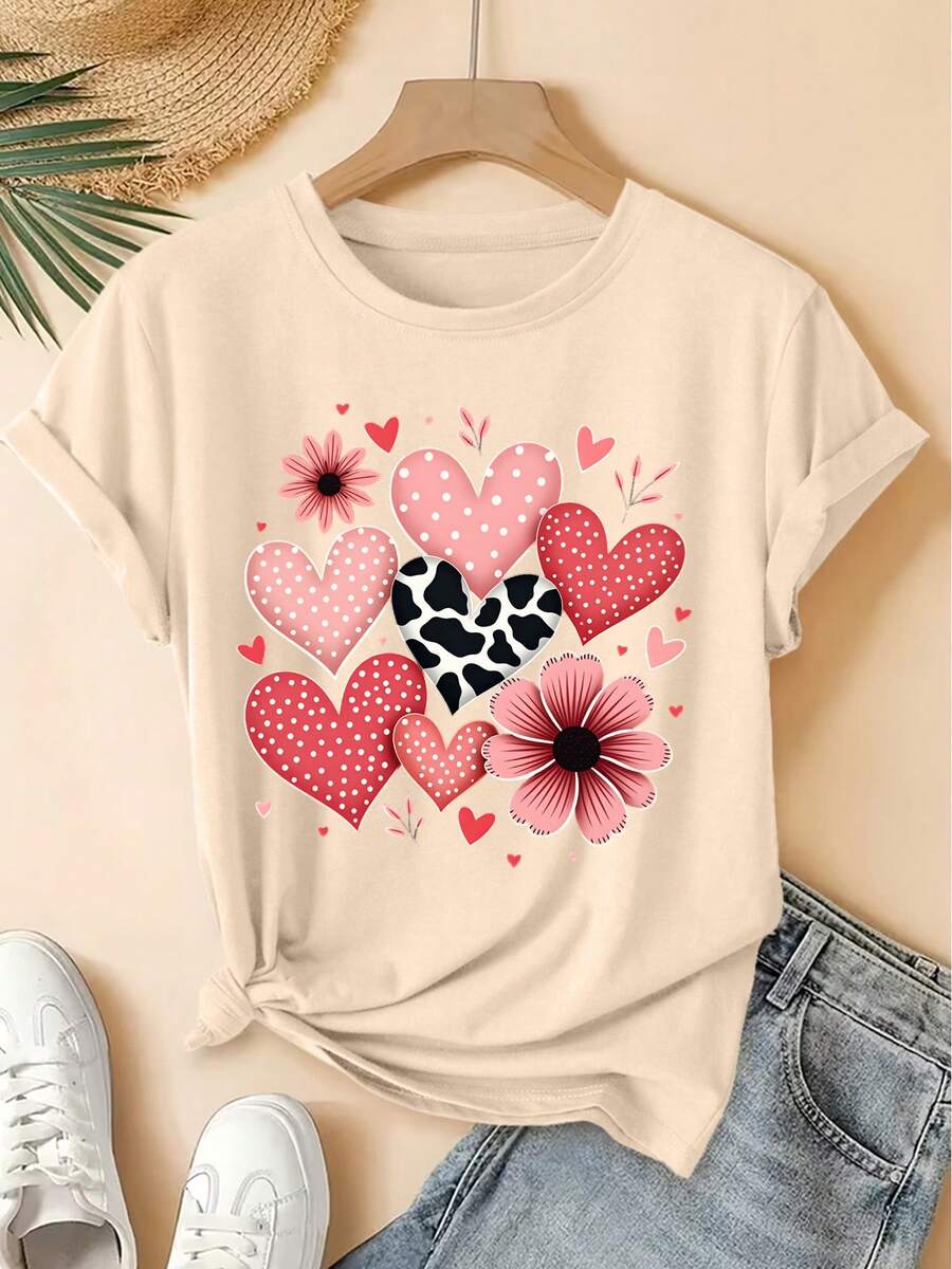2026 Spring/Summer New Women's Short Sleeve T-Shirt With Round Neck And Polka Dot, Heart And Flower Print, Vintage Distressed Casual Sporty Style, High Quality Soft Women's Clothing | Fun And Original Design | Young And Playful Top - 杏 - 查看 1