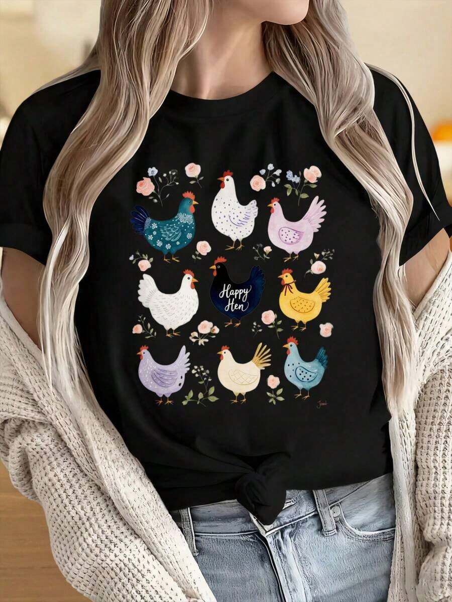 Women's And Men's Crew Neck Short Sleeve T-Shirts With Farm Chicken Print, 's T-Shirt, Fashionable Casual Floral Design Top. Fun Prints Ideal For Christmas Parties, Sports Activities, Holiday Parties, Outings, Sports And Other Festive Gifts. - 黑色 - 查看 1
