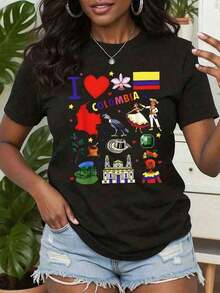 1 pieza Camiseta de Mujer con Estampado y Texto 'I Love Colombia', Cuello Redondo, Corte Regular, Estilo Casual de Verano, Idea de Regalo, Colombia, 220g180g, 100% Algodón - Negro - Ver 6