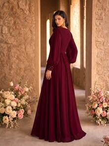 SUPGIR V-Neck Pleated Waistline Pearl Trim Lantern Sleeve Maxi Chiffon Party Dress Wedding Spring Fall - Burgundy - View 6