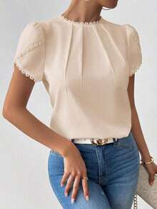 Camisa de mujer elegante y casual con mangas abombadas y volantes de unicolor - Albaricoque - Ver 5