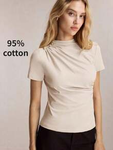 Camiseta de manga corta elegante de unicolor para mujer, casual de negocios para damas, maestras, oficina, escuela, top básico - Albaricoque - Ver 2