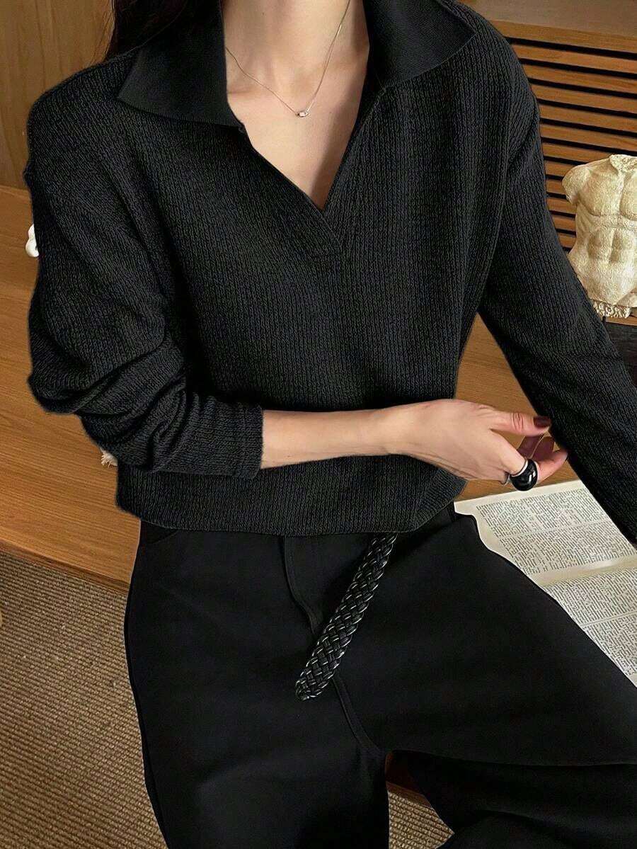 -Less Camiseta informal de manga corta con parches de unicolor para mujeres, estilo casual de negocios de verano - Negro 2 - Ver 1