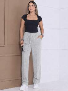 Women's Cold Weather Ribbed Knit Pants, Wide Leg, High Waist, Comfortable, Casual Fashion - 淺灰色 - 查看 3