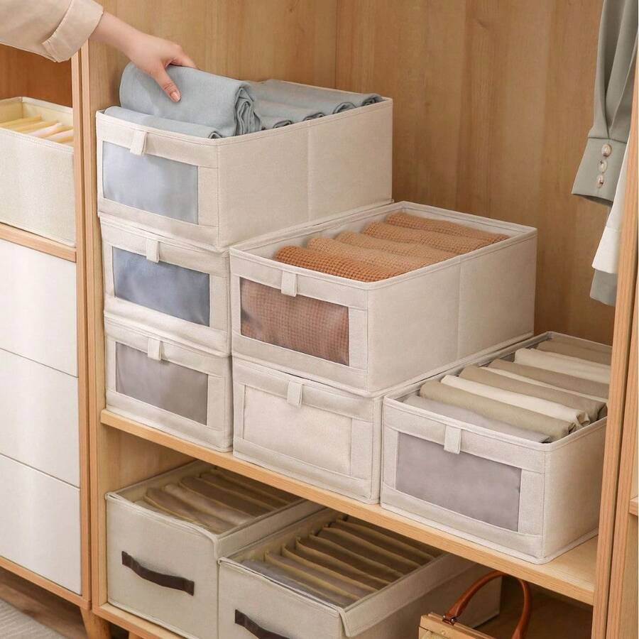 Set Of 4 Linen Storage Bins, Ideal For Organizing Clothes, Jeans, Toys, And Books. Perfect For Shelves, Closets, And Wardrobes-Closet Storage And Organization. Large Storage Bins/Baskets With Transparent Windows. - View 1