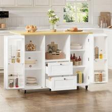 Kitchen Island On Casters With Fold-Down Worktop, Freestanding Kitchen Unit, Serving Cart With Storage Space, 2 Drawers, Spice Rack, Towel Rail, Lockable Casters, 120 * 45 (70) * 92 Cm - 白色 - 查看 9