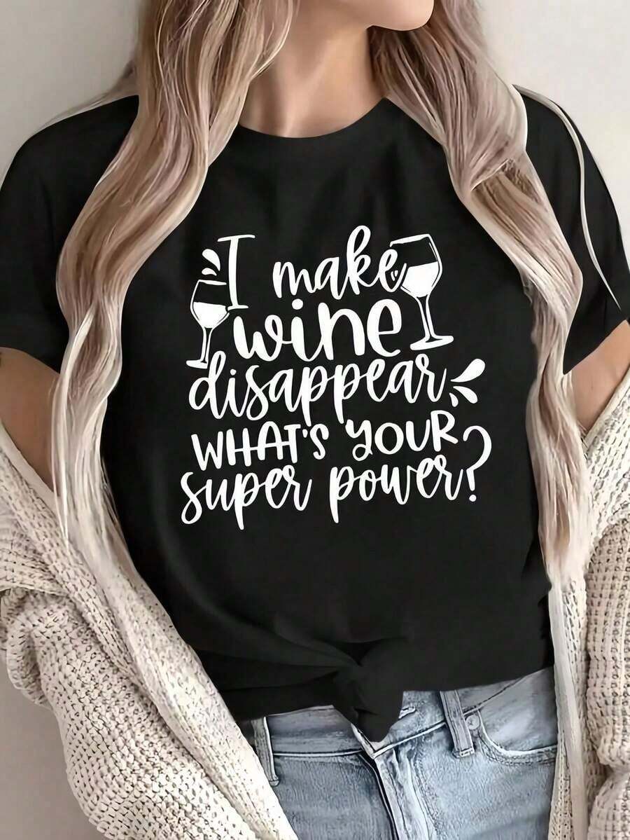 TrendyCamiseta Con Estampado Gráfico De Hago Que El Vino Desaparezcara Mujer - Parte Superior Casual De Manga Corta Y Cuello Redondo Con Diseño De Copa De Vino, Elasticidad Media, Lable A Máquin Round Neck Printed Short Sleeve Casual Everyday T-Shirt, They Are Excellent Gifts For Friends And Family,100% Cotton T-Shirts Feature, A Youthful And Fashionable DesignEveryday Wear - Negro - Ver 1