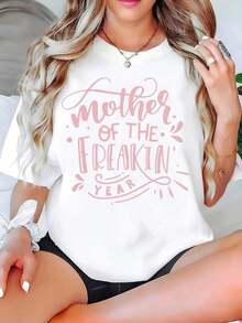 Camiseta estampada para mujer con la frase "Madre del Año", manga corta, cuello redondo, top casual para primavera y verano, regalo para mamá. Ropa de talla grande para mujer, blusas estampadas para mujer. - Blanco - Ver 5