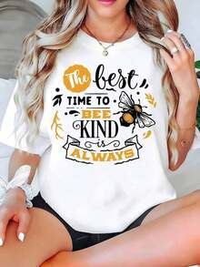 Camiseta estampada para mujer con gráfico de mensaje "Be Kind", manga corta, cuello redondo, top casual para uso diario y las temporadas de primavera y verano, regalo perfecto para amigas, familiares y seres queridos. Ropa de talla grande para mujer, blusas estampadas para mujer. - Blanco - Ver 5