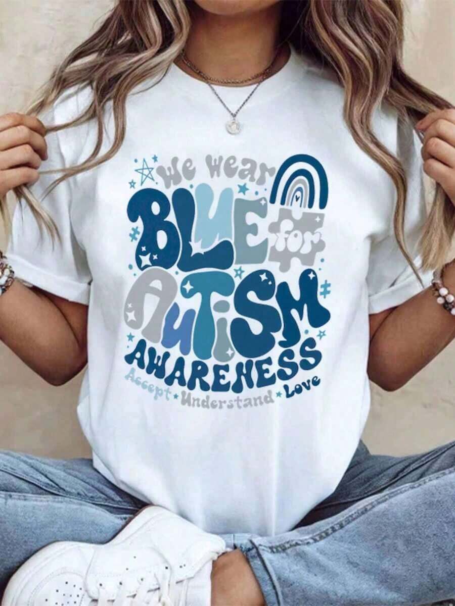 Usamos azul para la conciencia sobre el autismo, camiseta de apoyo al autismo para aceptar, comprender y amar, para mujeres, hombres y niños, regalo para el Día de la Conciencia sobre el Autismo, 220g - Estilo vintage urbano, camiseta unisex de algodón suelto de manga corta y cuello redondo, 100% algodón. - Blanco - Ver 1