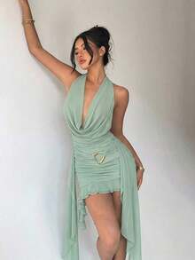 Nuevo vestido mini de malla verde con escote en V profundo, cuello halter, espalda descubierta, ajustado, volante asimétrico en el bajo, ideal para fiestas, festivales de música, bodas y vacaciones en la playa, perfecto también para el Día de San Patricio y festivales de música con estilo bohemio - Verde - Ver 5