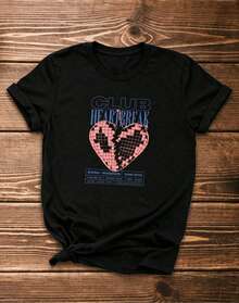 3 piezas/set de camisetas de manga suitable for streetwear, Top oversized cuello redondo daily outings, camping, concerts, hip-hop, rock, and rap events: Camiseta casual de manga corta para mujer de una pieza con estampado de corazón, estampado de "club heartbreak", estampado de "hello 70", camiseta de manga corta con cuello redondo para mujer, top deportivo casual transpirable de algodón puro, regalo para vacaciones, mariposa de primavera, Pascua. - Negro - Ver 2