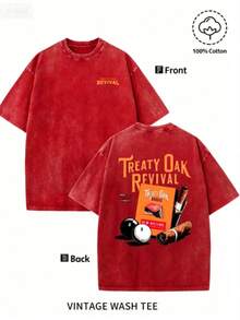 Men'S Bold "TREATY OAK REVIVAL" Print T-Shirt, Casual Round Neck Short Sleeve, 230g Washed Cotton, Summer High Quality Casual Sportswear, - 紅色 - 查看 12