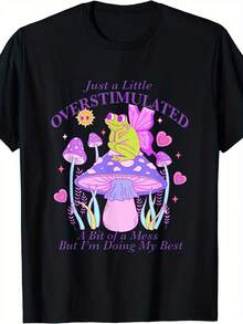 Una pieza fue un poco demasiado estimulante y un poco confusa, pero hice lo mejor que pude. Camiseta con un divertido diseño de humor sobre salud mental que presenta una rana y un hongo. Camiseta de cuello redondo suave, unisex, casual, talla grande, 180g, 100% algodón. - Negro - Ver 1