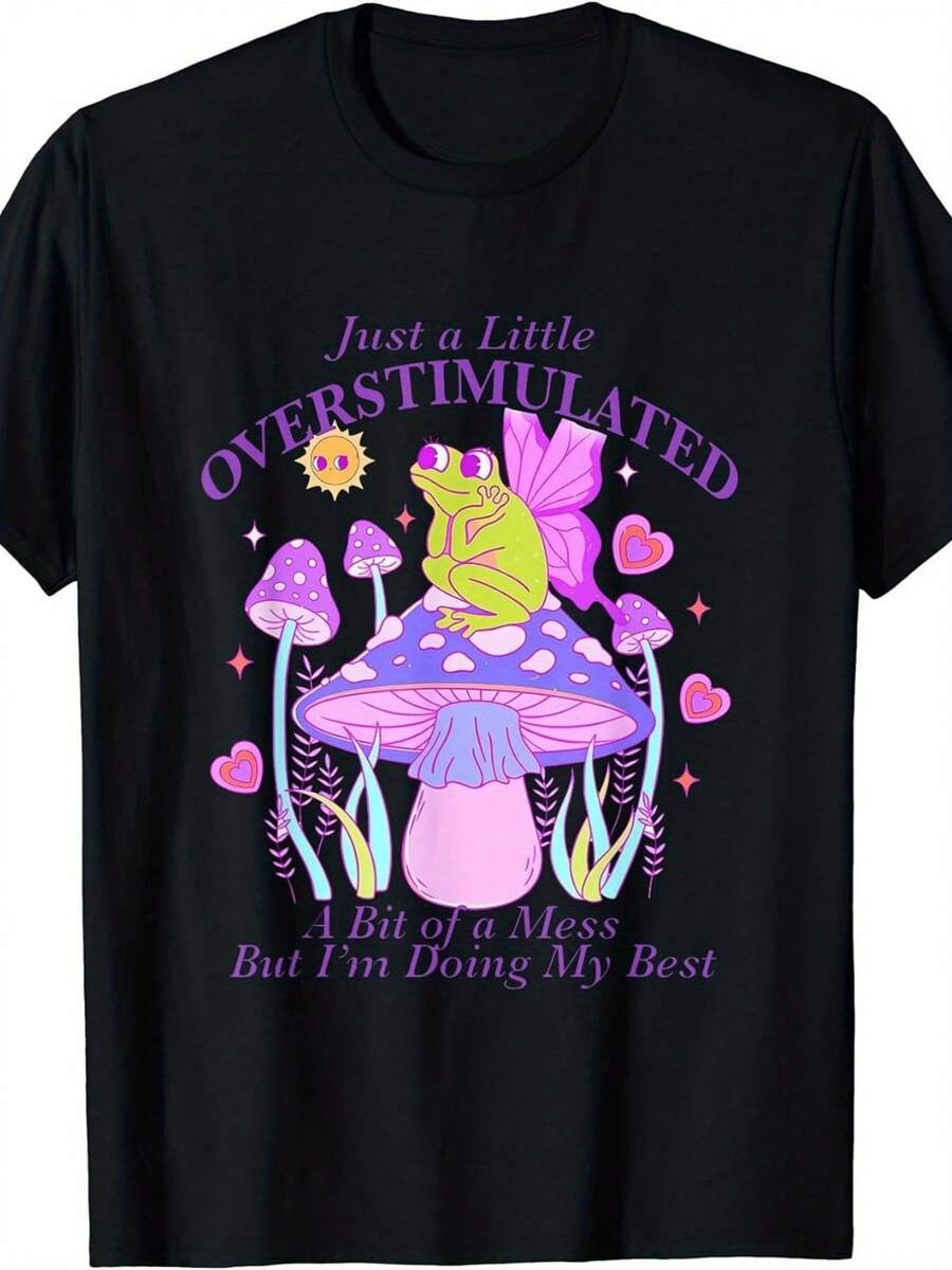Una pieza fue un poco demasiado estimulante y un poco confusa, pero hice lo mejor que pude. Camiseta con un divertido diseño de humor sobre salud mental que presenta una rana y un hongo. Camiseta de cuello redondo suave, unisex, casual, talla grande, 180g, 100% algodón. - Negro - Ver 1