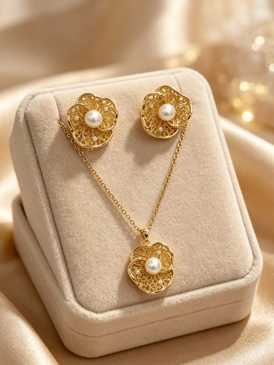 一套不锈钢锆石花朵珍珠吊坠项链和耳环首饰套装,百搭奢华优雅的节日设计,适合日常生活/派对/节日/生日/母亲节/海滩度假等场合,珠宝配饰,礼品 - 款式A-均碼 - 查看 1