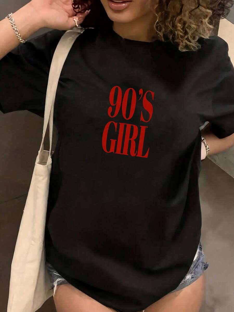 Women's Casual Black 90's Girl Graphic Tee, Short Sleeve Round Neck Drop Shoulder Knitted T-Shirt, Medium Stretch Regular Fit Top - Negro - Ver 1