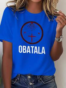 Camiseta casual de manga corta para mujer, de color sólido con diseño estampado, cómoda y versátil. - Azul - Ver 7